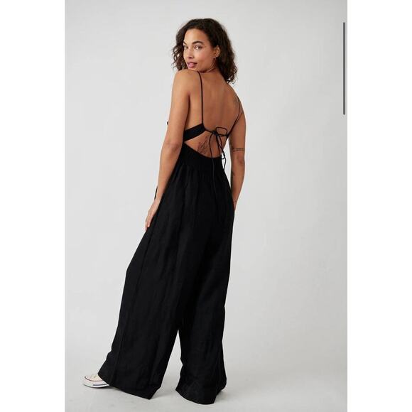 Free People Emma Jumpsuit Women’s Size L Black Linen Blend Woven Revolve Shopbop - Picture 2 of 16